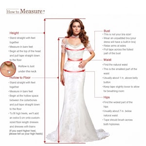 Peut inclure: Une robe blanche longue jusqu'au sol avec des manches courtes en dentelle et un d&eacute;collet&eacute; en V. L'image comprend un guide de mesure avec des instructions textuelles pour la hauteur, le creux au sol, le buste, la taille et les hanches.
