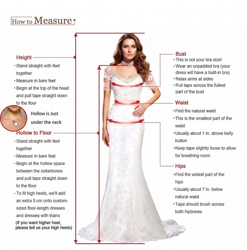 Peut inclure: Une robe blanche longue jusqu'au sol avec des manches courtes en dentelle et un d&eacute;collet&eacute; en V. L'image comprend un guide de mesure avec des instructions textuelles pour la hauteur, le creux au sol, le buste, la taille et les hanches.