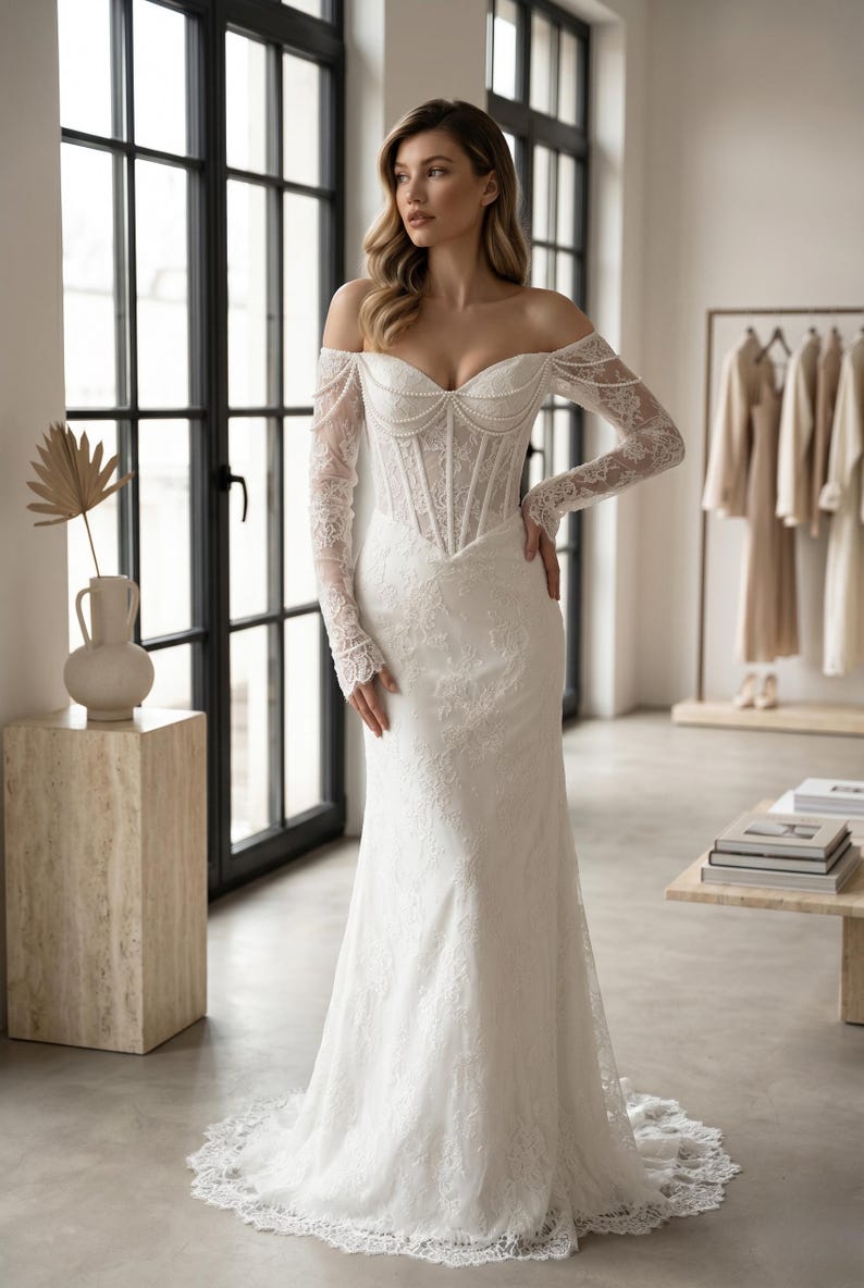 Peut inclure: Une robe de mari&eacute;e longue en dentelle blanche avec une encolure d&eacute;gag&eacute;e, des manches longues en dentelle transparente et un corsage structur&eacute; style corset orn&eacute; de perles d&eacute;licates le long de l'encolure et des coutures du bustier.