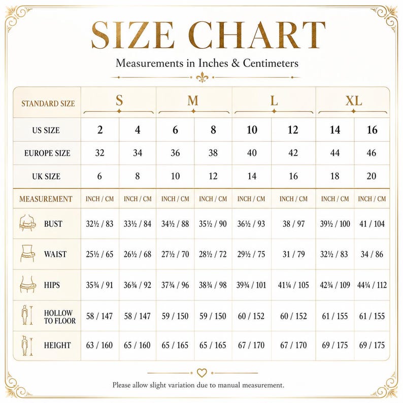 Peut inclure: Un tableau de guide des tailles avec des bordures et du texte dor&eacute;s, affichant les tailles standard S, M, L et XL. Il pr&eacute;sente les conversions US, Europe et UK ainsi que les mesures de buste, taille, hanches, creux au sol et hauteur en cm.