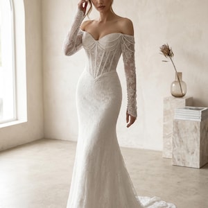 Personnalisez votre robe de mariée sirène avec épaules dénudées, robe de mariée en coeur avec appliques de dentelle, robe de princesse bohème à manches longues, robe de mariée personnalisée image 1