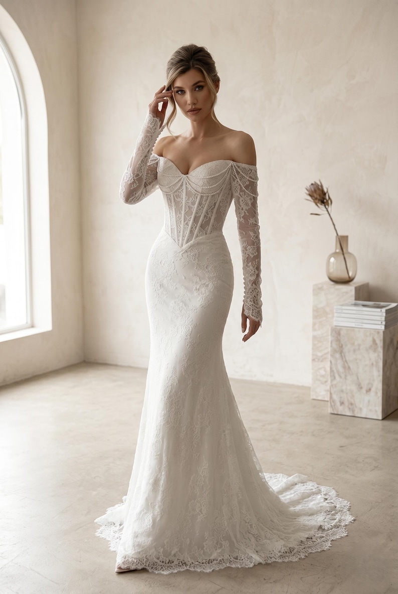 Personnalisez votre robe de mariée sirène avec épaules dénudées, robe de mariée en coeur avec appliques de dentelle, robe de princesse bohème à manches longues, robe de mariée personnalisée image 1