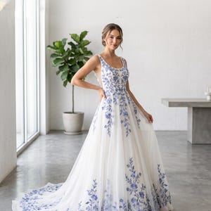 white dress with blue pattern Mill Women's Wonderful White A-line Maxi Dress - blue