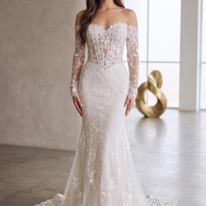 Customize Off Shoulder Mermaid Wedding Dress with Lace Appliques, Sweetheart Neckline, Long Sleeve Bridal Gown