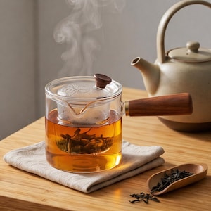 May include: A glass teapot with a wooden handle and lid steams with hot tea. The teapot sits on a linen napkin, with a ceramic teapot in the background. A wooden scoop of tea leaves is on the table.