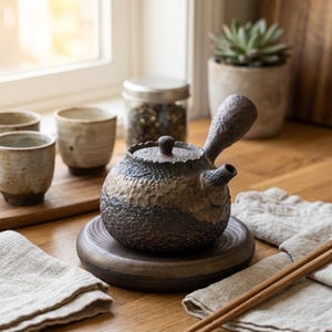 Op de afbeelding: Een getextureerde keramische theepot met tuit en handvat, op een bijpassende onderzetter. De theepot is donkerbruin met lichtbruine accenten. Theekopjes en een pot met theebladeren staan op de achtergrond.