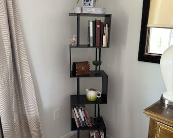 6 Tier S-Shaped Bookshelf, Modern Geometric Wood Metal Display Shelf, Room Divider Storage Rack