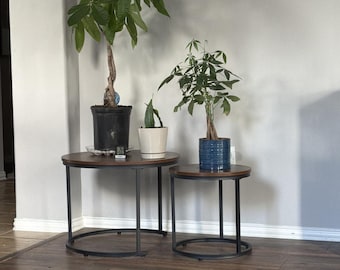 Round Nesting Coffee Table Set, Modern Industrial Wood Side Tables