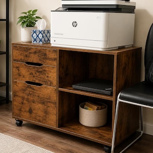 May include: A brown wood-grain printer stand featuring two drawers on the left side and two open storage shelves on the right. The unit is supported by small black wheels at the base. A white HP printer sits on the top surface of the cabinet.