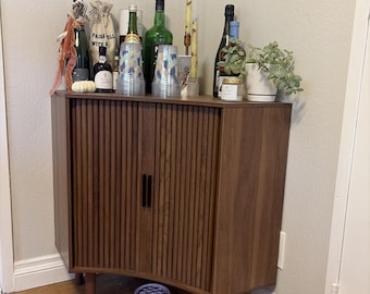 Fluted Wood Corner Cabinet: Mid Century Modern Small Space Organizer