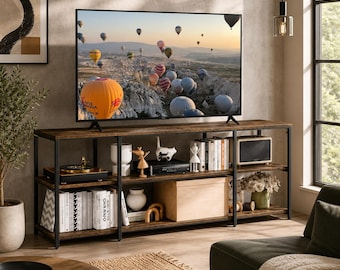 65 Inch TV Stand Rustic Wood Media Console Table, Modern Entertainment Center with Storage Shelves, Living Room Furniture