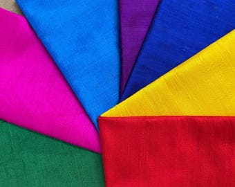 Rainbow Raw Silk Dupioni, 7 Fat Quarters – Indian Handloom Fabric, Craft Pack