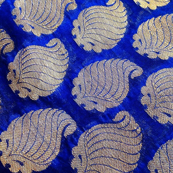 Chanderi Silk Fabric - Royal Blue and Bronze Paisley - Indian Silk for curtains and dresses