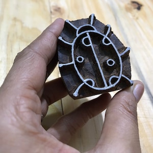 May include: A wooden block printing stamp featuring a ladybug design. The stamp is dark brown with a white outline of the ladybug. The stamp is held in a hand.