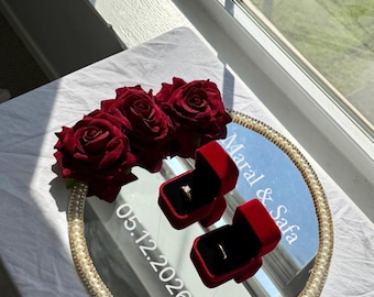 Bandeja de Noivado de Luxo com Porta-Alianças, Bandeja Espelhada para Anéis, Decoração para Cerimônia Nikkah, Decoração para Chá de Panela, Presente de Casamento Elegante