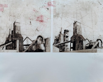 Origineel kunstwerk, originele gravure uit een industriële cementfabriek, gesigneerd en genummerd.