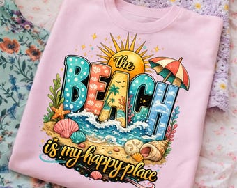 La playa es mi lugar feliz PNG: Playa Verano Océano Vacaciones PNG Olas Costeras Atardecer Tropical PNG (Descarga digital)