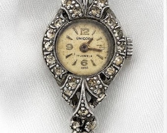 Reloj de pulsera vintage Unicorn de 17 joyas, estilo suizo, para mujer / Reloj de cóctel con marcasita / Pieza de colección para muñeca pequeña