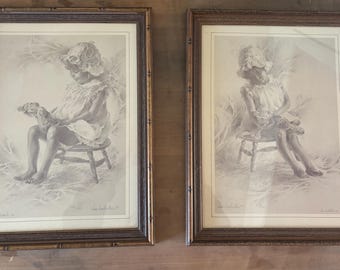 Vintage Dan Ledbetter Framed Nursery Art: Girl with Doll Sketches - Set