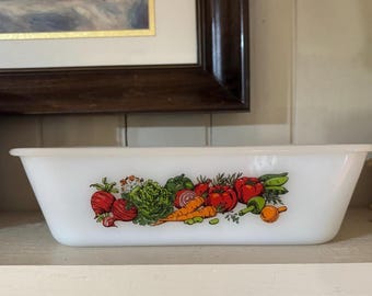 Vintage decor 50s vegetable harvest pattern Glassbake loaf pan