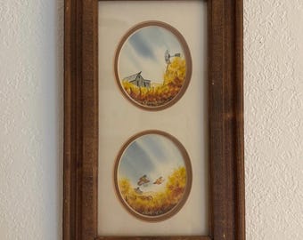 Vintage decor 70s original watercolor framed painting Vintage art