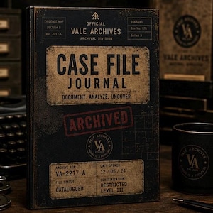 Może przedstawiać: Czarny dziennik z postarzanym wykończeniem zatytułowany Official Vale Archives Case File Journal. Okładka zawiera tekst, w tym Document. Analyze. Uncover., czerwony stempel Archived oraz pola na Archive Ref VA-2217-A i Date Opened 12/05/24.
