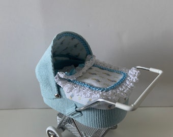 DOLLS HOUSE 1/12th scale modern dolls house pram/stroller/buggy  blue needlecord with cute rabbit fabric in blue and white hand crafted