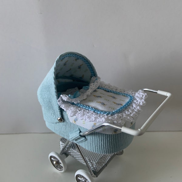 DOLLS HOUSE 1/12th scale modern dolls house pram/stroller/buggy  blue needlecord with cute rabbit fabric in blue and white hand crafted