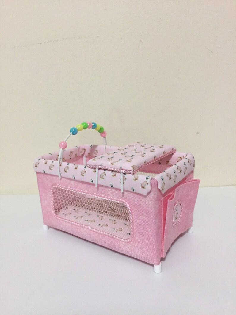 DOLLS HOUSE Miniature travel cot/playpen in pink with cute Etsy