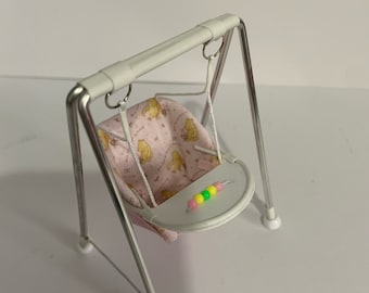 DOLLS HOUSE 1/12th scale baby swing, cute bear fabric on pink, hand crafted miniature