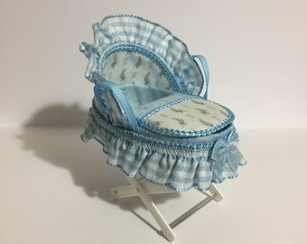 DOLLS HOUSE 1/12th scale hand crafted moses basket & folding stand,  cute rabbit with blue