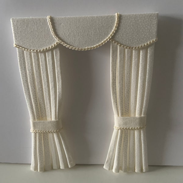 Dolls house 1/12th scale curtains, made to order cream with tiny pin dots white trim