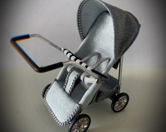 DOLLS HOUSE 1/12th scale modern pushchair/stroller monochrome two tone grey