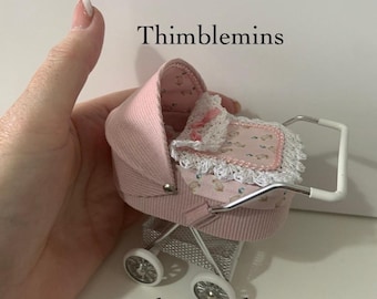 DOLLS HOUSE 1/12th scale modern dolls house pram/stroller/buggy/baby carriage  pink needlecord with cute Duck in pink