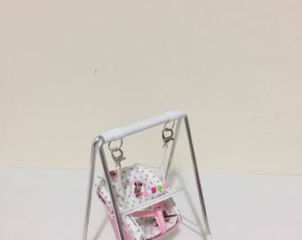 DOLLS HOUSE 1/12th scale baby swing, cute mouse fabric on pink, hand crafted miniature