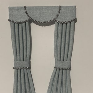 Dolls house 1/12th scale curtains, made to order light grey with grey  trim