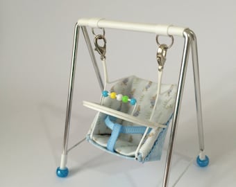 DOLLS HOUSE 1/12th scale baby swing, cute rabbit fabric on blue, hand crafted miniature