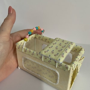 DOLLS HOUSE Miniature travel cot/playpen in lemon with cute duck print 1/12th scale.