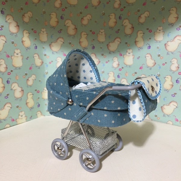 1/12th scale modern dolls house pram/stroller/buggy dotty blue needlecord with blue spotty lining, hand crafted miniature