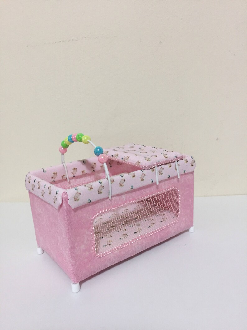 DOLLS HOUSE Miniature travel cot/playpen in pink with cute Etsy