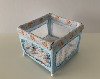 DOLLSHOUSE Miniature playpen, cute bear with blue 1/12th scale