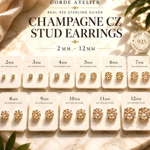 Champagne CZ Stud Earrings, Morganite Color Studs, Sterling Silver Earrings, Tiny Stud Earrings, Beige CZ Earrings, 2mm-12mm