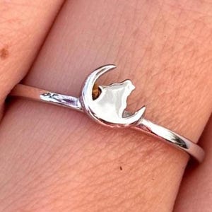 Könnte beinhalten: Ein silberfarbener Ring mit einem dünnen Band und einem zentralen Dekorelement in Form eines Halbmondes, das eine kleine Wolfssilhouette innerhalb der Mondkrümmung aufweist und eine polierte, reflektierende Metalloberfläche besitzt.