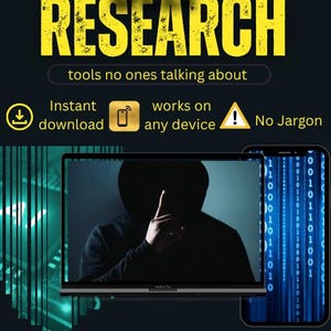 Könnte beinhalten: Eine digitale Grafik mit dem gelben Text AI DEEP RESEARCH und tools no ones talking about. Symbole stehen für Sofort-Download, Gerätekompatibilität und kein Fachjargon. Ein Laptop und ein Smartphone zeigen eine vermummte Gestalt.