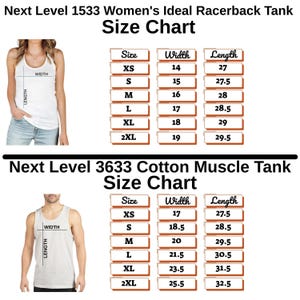 Puede incluir: Tablas de tallas para camisetas sin mangas Next Level. La tabla superior es para la camiseta sin mangas Racerback 1533, con tallas de XS a 2XL, y la tabla inferior es para la camiseta sin mangas Cotton Muscle 3633, tambi&eacute;n con tallas de XS a 2XL. Las tablas muestran medidas de ancho y largo en cm.