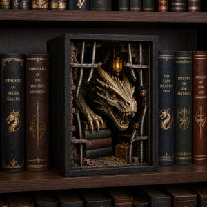 Puede incluir: Un diorama tipo book nook que presenta una cabeza de dragón esculpida emergiendo de un recinto de ladrillo oscuro con barrotes de metal. La escena incluye una pila de libros, una pequeña linterna brillante y un cofre del tesoro con monedas.
