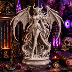 May include: A detailed off-white resin figurine of a winged demon with horns, standing on a circular base. The figure features intricate textures, flowing hair, and a skeletal wing structure. It is displayed among books, candles, and dice.