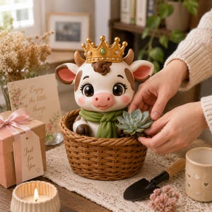 May include: A white and brown cow figurine wearing a gold crown with a green gem and a green scarf, sitting inside a brown woven basket. The cow has large dark eyes, pink cheeks, and is positioned next to a small green succulent plant.