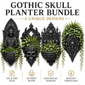 Könnte beinhalten: Ein Set aus vier schwarzen Wandpflanzgefäßen mit gotischen architektonischen Details und Totenkopfmotiven. Der Text lautet GOTHIC SKULL PLANTER BUNDLE 4 UNIQUE DESIGNS, STL & 3MF FILES, 3D PRINT READY, HIGH DETAIL DESIGNS und INSTANT DOWNLOAD.
