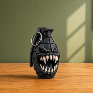 May include: A matte black grenade-shaped object featuring a sculpted monster face with sharp, off-white teeth and an open mouth. The item includes a metal pull ring at the top, mimicking the design of a classic hand grenade with a textured surface.